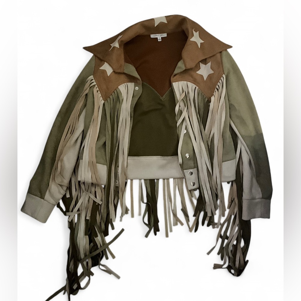 Cloud Ten Women Small Olive Brown Suede Fringe Western Star Jacket